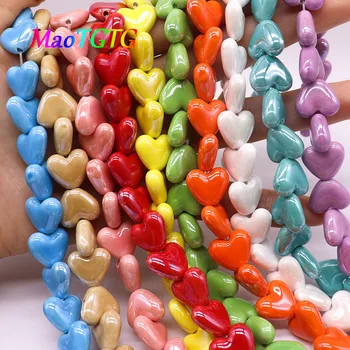 20шт Разноцветные Керамические бусины в виде сердца Для изготовления ювелирных изделий Ожерелье Браслет 15x13 мм Разноцветные керамические бусины в виде сердца Оптом