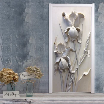 Самоклеящаяся дверная наклейка В Европейском Стиле, 3D Рельефная Бабочка, Фреска с цветком орхидеи, Художественный декор для гостиной, Дверной плакат, ПВХ наклейки