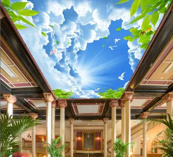 Пользовательские фото 3D потолочные фрески обои голубое небо белые облака птицы зеленые деревья домашний декор гостиная обои для стен 3 d