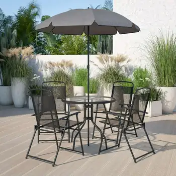 Нантакетский Черный Садовый набор для патио из 6 частей со столиком-зонтиком и набором из 4 Складных стульев
