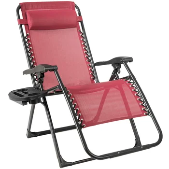 Gymax Складное Кресло с Откидной спинкой, Кресло для отдыха с Нулевой Гравитацией, с Подносом, Подушка, Подстаканник, Красный