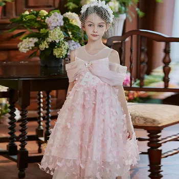 Летнее новое Сетчатое платье Принцессы для девочек-подростков, Элегантные платья с бабочками, Детская одежда для пляжного отдыха, Свадебное платье для девочек, Платье трапециевидной формы
