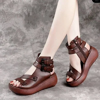 2023 Новые женские сандалии, Летняя Удобная обувь для отдыха на танкетке, Винтажная Классическая уличная обувь из прочной кожи на толстой подошве на плоской подошве