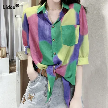 Женская одежда, корейская повседневная рубашка поло контрастного цвета с вырезами, Летняя модная однобортная блузка с коротким рукавом, женская