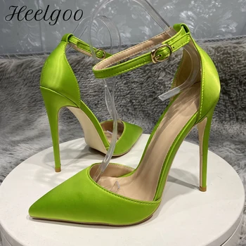 Heelgoo/Зеленые Атласные Женские Свадебные туфли на высоком Каблуке с ремешком на щиколотке и Острым Носком D'Orsay, Элегантные туфли-лодочки на шпильке, Размер 33-46