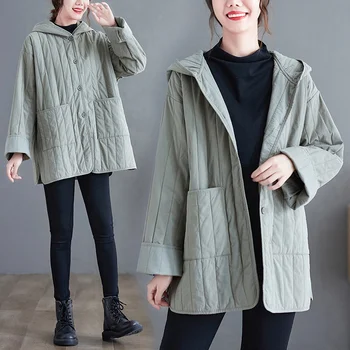 Женские куртки с хлопковой подкладкой тонкого сечения 2022, Новое осенне-зимнее корейское Свободное легкое пальто с капюшоном, модная верхняя одежда T390