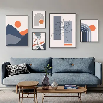Настраиваемый абстрактный винтажный плакат и печать, картина с Солнцем и Луной, Радуга, современные геометрические линии, Настенная картина, комната для дома