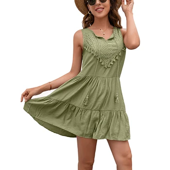 Элегантное женское кружевное платье, летняя одежда с V-образным вырезом и цветочным вырезом, женская одежда без рукавов, повседневное короткое мини-платье на молнии, женское платье