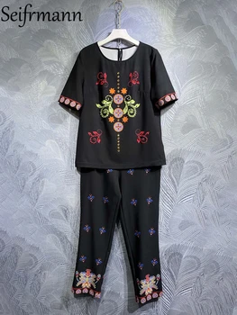 Seifrmann/ Высококачественные летние женские модные дизайнерские комплекты брюк, футболки с коротким рукавом, расшитые бисером, + брюки с принтом на высокой талии, костюмы
