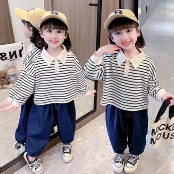 Весенняя одежда для маленьких девочек, Детская Корейская модная футболка в полоску, Свитер из двух предметов для девочек, весенне-осенняя одежда, топы