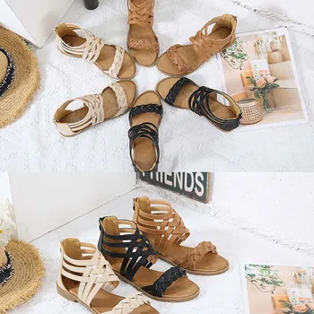 Женские сандалии на плоской подошве с плетеным ремешком, универсальные пляжные сандалии на молнии сзади, нескользящие для покупок