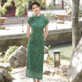 Yourqipao Лето 2023 Темно-Зеленый Улучшенный Чонсам Молодая Модель Нежный Элегантный Ципао для Девочек в Китайском Стиле Вечернее Платье для Женщин