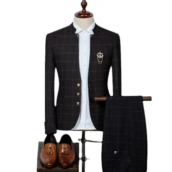 (Куртка + брюки) Брендовая одежда, Модный Мужской клетчатый костюм, Английское приталенное вечернее платье, Костюм Жениха, костюмы высокого класса, размер S-3XL