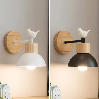 Настенный светильник в Скандинавском Стиле с деревянной Птицей, светодиодный выключатель E27, Черно-белый, Декоративные светильники для спальни, гостиной, столовой, Барная Подсветка