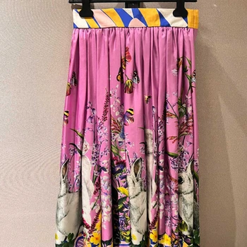 Высокое качество 2023 Оригинальный дизайн D Стиль Роскошная юбка из чистого Шелка с цветами до середины икры, Женская Розовая юбка в богемном стиле
