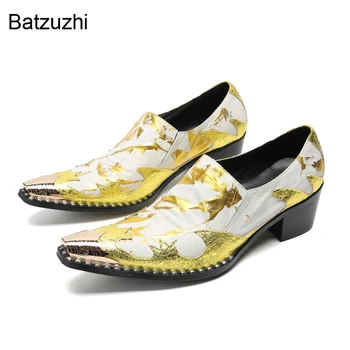 Batzuzhi/ Мужская обувь итальянского типа с Золотым металлическим носком, Желтые кожаные модельные туфли, Мужские Модные деловые, вечерние и свадебные туфли, Мужские