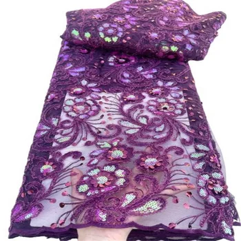 Фиолетовая Модная африканская Кружевная ткань 5 Ярдов 2023, Высококачественная Нигерийская Праздничная Роскошная Вышивка блестками, Французский Тюль, Кружевная ткань