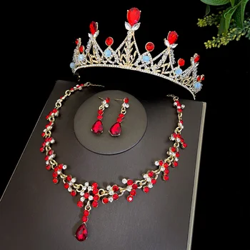 Красные хрустальные Диадемы, наборы свадебных украшений для женщин, Корона, ожерелье с цветами, Серьги, Свадебный комплект бижутерии для невесты