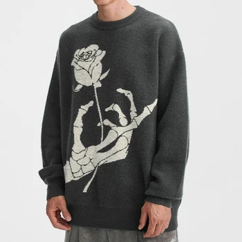 Зимний мужской жаккардовый свитер с черепом и розой, вязаный свитер, пуловер с длинным рукавом, теплая верхняя одежда в стиле ретро, high street Y2k, тренд Harajuku