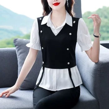 Летний Новый Темпераментный Универсальный Женский топ 2023, Корейская версия, Модная Повседневная рубашка-поло на пуговицах с коротким рукавом