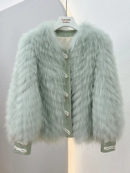 Осенне-зимние куртки 2023, Короткие, Новая мода, пальто из натурального меха енота, Женское пальто, толстая теплая Женская одежда, Закрывающийся рукав
