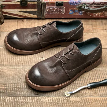 Новая кожаная обувь в японском стиле в стиле ретро с большой головкой, мужские простые оксфорды Daliy Comfort с круглым носком, мужские