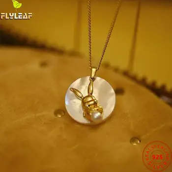 Реальные 925 стерлингового серебра оболочки жемчуг Кролик кулон ожерелье для женщин оригинальный дизайн 20к желтое золото покрытием ювелирных изделий