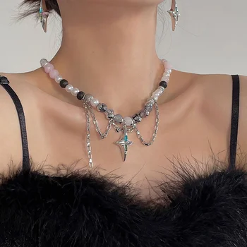 Подвеска в виде звезды в стиле панк, Жемчужное ожерелье в стиле барокко, Женское Асимметричное Черное Белое Ожерелье с имитацией жемчуга, ожерелье из нержавеющей стали, ювелирные изделия