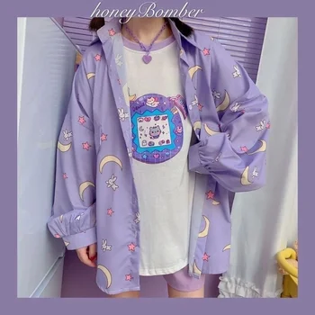 DEEPTOWN Harajuku, модные рубашки, Женская милая блузка с принтом Луны и пуговицами Kawaii, Весна-лето, топы в корейском стиле для школьниц