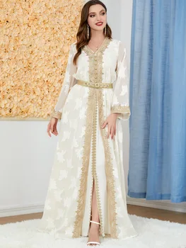 Элегантное Повседневное платье Abayas Lady Muslim из 2 предметов с V-образным вырезом и Вышитым Золотым Кружевным Поясом Robe De Soiree Luxe