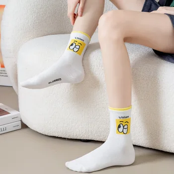 Забавное выражение, Плотные хлопковые Простые повседневные носки в корейском стиле, Чулочно-носочные изделия средней длины, Носки для девочек, Чулочно-носочные изделия в стиле колледжа