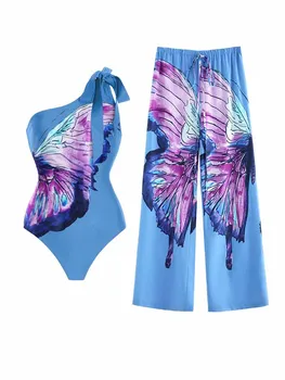 Цельный купальник с принтом бабочки на одно плечо и сборная накидка, обтягивающая Шикарная элегантная пляжная одежда, бесшовное сращивание