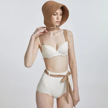 Ретро-Цветная блокировка, Бикини с открытой спиной, Элегантная пляжная одежда, женственный купальник с высокой талией и ремешком, Шикарная мода 2022