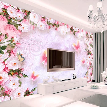 Современные романтические розовые цветы, фрески, обои, 3D стерео Бабочка, Пасторальная настенная ткань, Свадебный дом, гостиная, Papel De Parede