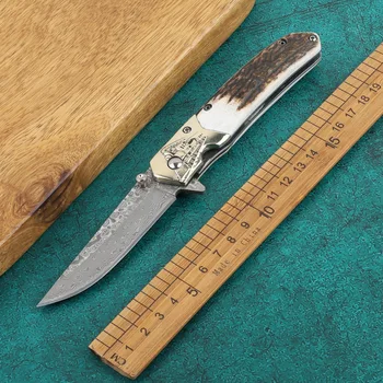 Складной карманный нож с дамасским лезвием, нож для охоты на поезд, охотничий нож для кемпинга, инструмент для улицы EDC antlers