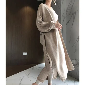 Осенне-зимний новый шерстяной кардиган, женский свободный универсальный длинный свитер выше колена, пальто, вязаная рубашка, пальто корейской версии