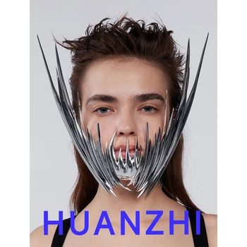 HUANZHI Новая сверхпрочная преувеличенная металлическая маска с неправильными шипами, украшения для лица, Киберпанк, Персонализированные украшения для мужчин, женщин, Унисекс