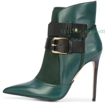 Ботильоны черного и зеленого цвета с пряжкой, новейшие кожаные ботинки с острым носком, женские ботинки на сверхвысоком тонком каблуке, модная женская обувь