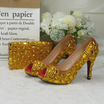 BaoYaFang/ Женские свадебные туфли с золотыми кристаллами и соответствующими сумками, туфли на платформе, женские вечерние платья на высоком каблуке, большие размеры 34-43