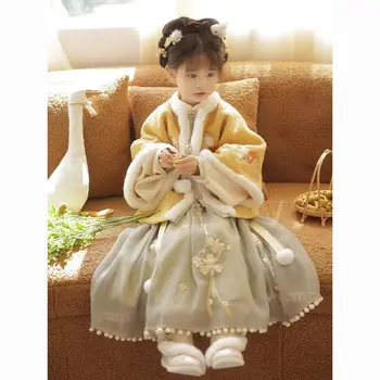 Комплект зимнего кролика Hanfu для девочек, куртка принцессы с вышивкой, платье Династии Мин, Детские костюмы эпохи Тан, платье, Новогодняя одежда