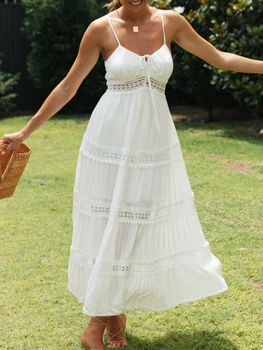 Новое женское платье на подтяжках в богемном стиле с кружевной отстрочкой, Широкие юбки-качели, Белая летняя юбка-слинг с высокой талией, открытая,