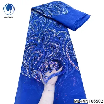 2023 Новая Высококачественная Великолепная Синяя Африканская Кружевная ткань, Расшитая Французским Тюлем С Блестками, Нигерийское Вечернее Платье ML44N1065