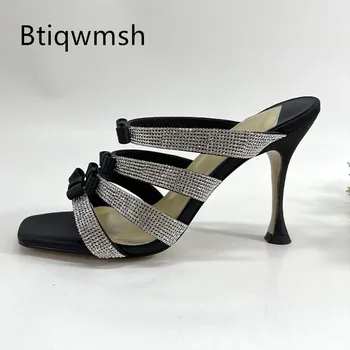 Серебряные босоножки со стразами, женские босоножки с открытым носком и узлом бабочки, необычные женские пикантные вечерние туфли на высоком каблуке