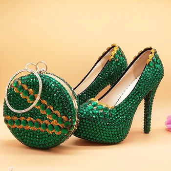 BaoYaFang/ Женские свадебные туфли и сумки с зелеными кристаллами, туфли на платформе и высоком каблуке с сумочкой, женские высокие туфли большого размера