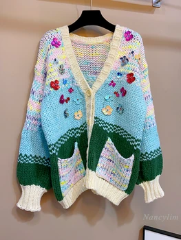 Свитер-кардиган с блестками и лепестками, Женская весенне-осенняя верхняя одежда с V-образным вырезом, Свободный свитер в ленивом стиле, пальто-кардиганы оверсайз
