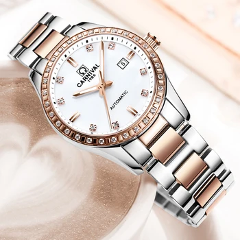 КАРНАВАЛЬНЫЕ модные повседневные женские автоматические механические часы со светящимся водонепроницаемым ремешком из нержавеющей стали с бриллиантами 8685