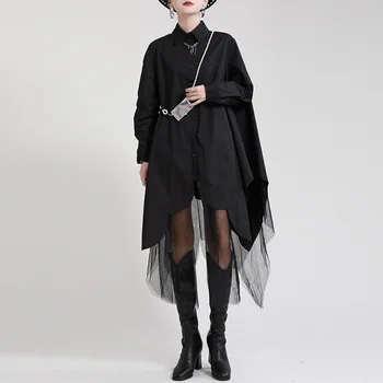 Ранняя осень, темпераментное платье с длинными рукавами, чувство дизайна, свободное, нерегулярное, с большими размахами, сшитое из сетки, маленькое черное платье