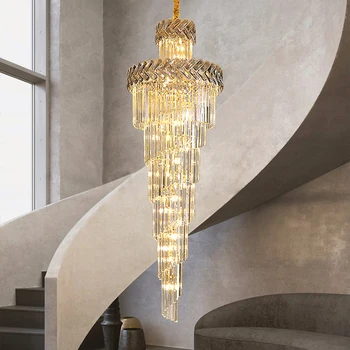 Светодиодная хрустальная люстра для лестницы, современная лампа для домашнего декора, Роскошный дымчато-серый Кристалл, внутреннее освещение, Большой золотой блеск для лестницы