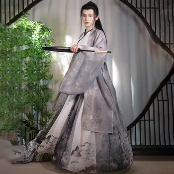 Yourqipao Летнее Платье Hanfu Jin Dynasty с Перекрестным воротником и Широким рукавом с принтом в стиле Ретро для Косплея в Древнем китайском Стиле Hanfu для Мужчин