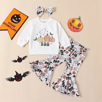 Одежда для маленьких девочек на Хэллоуин от 0 до 2 лет, толстовка с длинными рукавами и расклешенными штанами с принтом призрака, комплект с повязкой на голову, осенние наряды